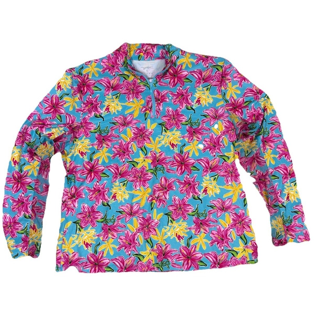 GOTTEX 1/4 Zip Tropical Floral Long Sleeve Sun Shirt Golf Tennis Womens XL Beach - Picture 3 of 11